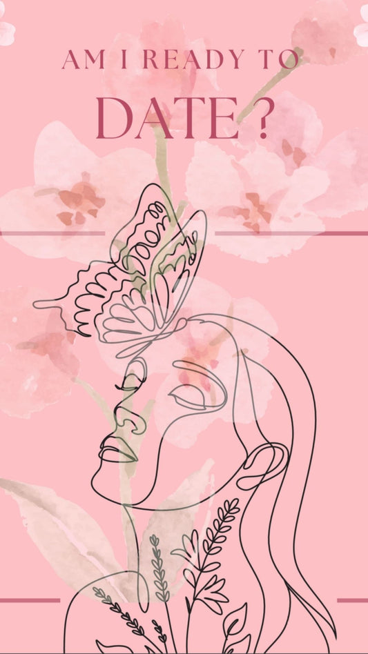 Artistic line drawing of a woman's profile with floral elements on a pink background, featuring text 'Am I Ready to Date?'.